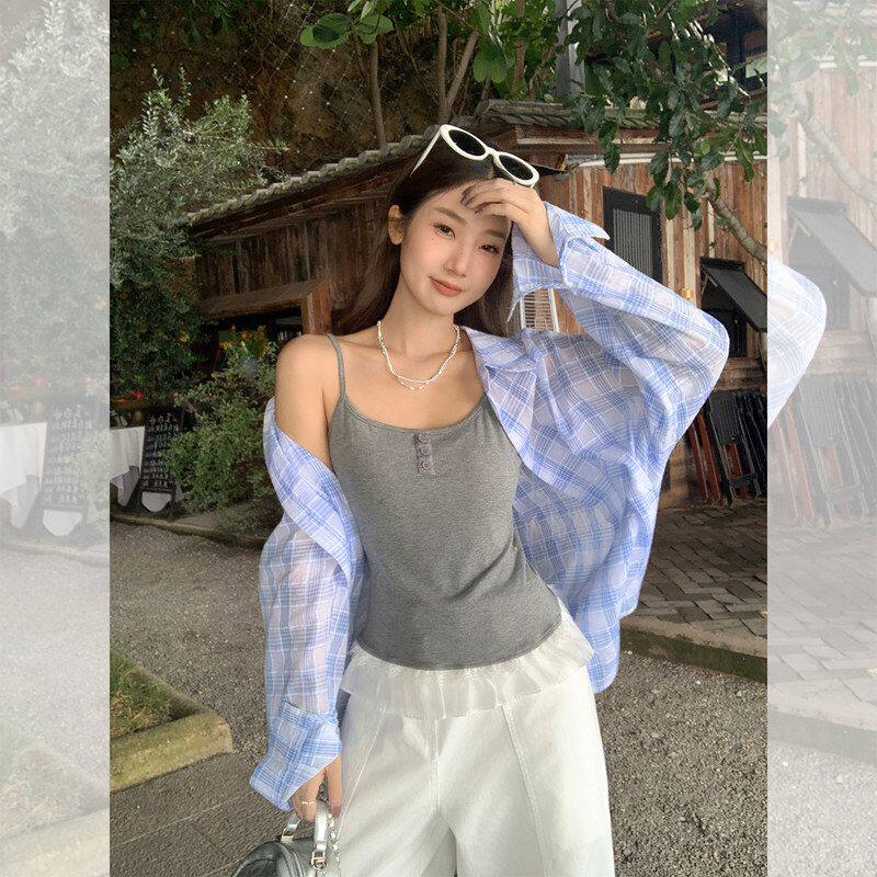 韩系露背U领蕾丝下摆背心吊带女夏季穿搭带胸垫内搭打底修身上衣