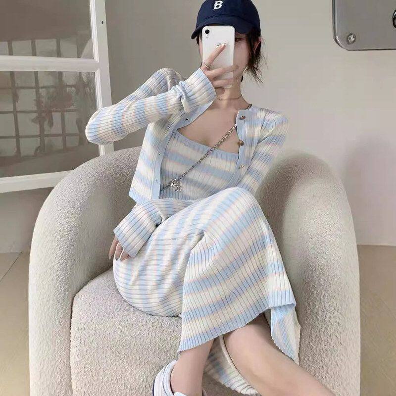 早春装2025年新款高冷系气质辣妹吊带针织连衣裙子两件套装女装潮