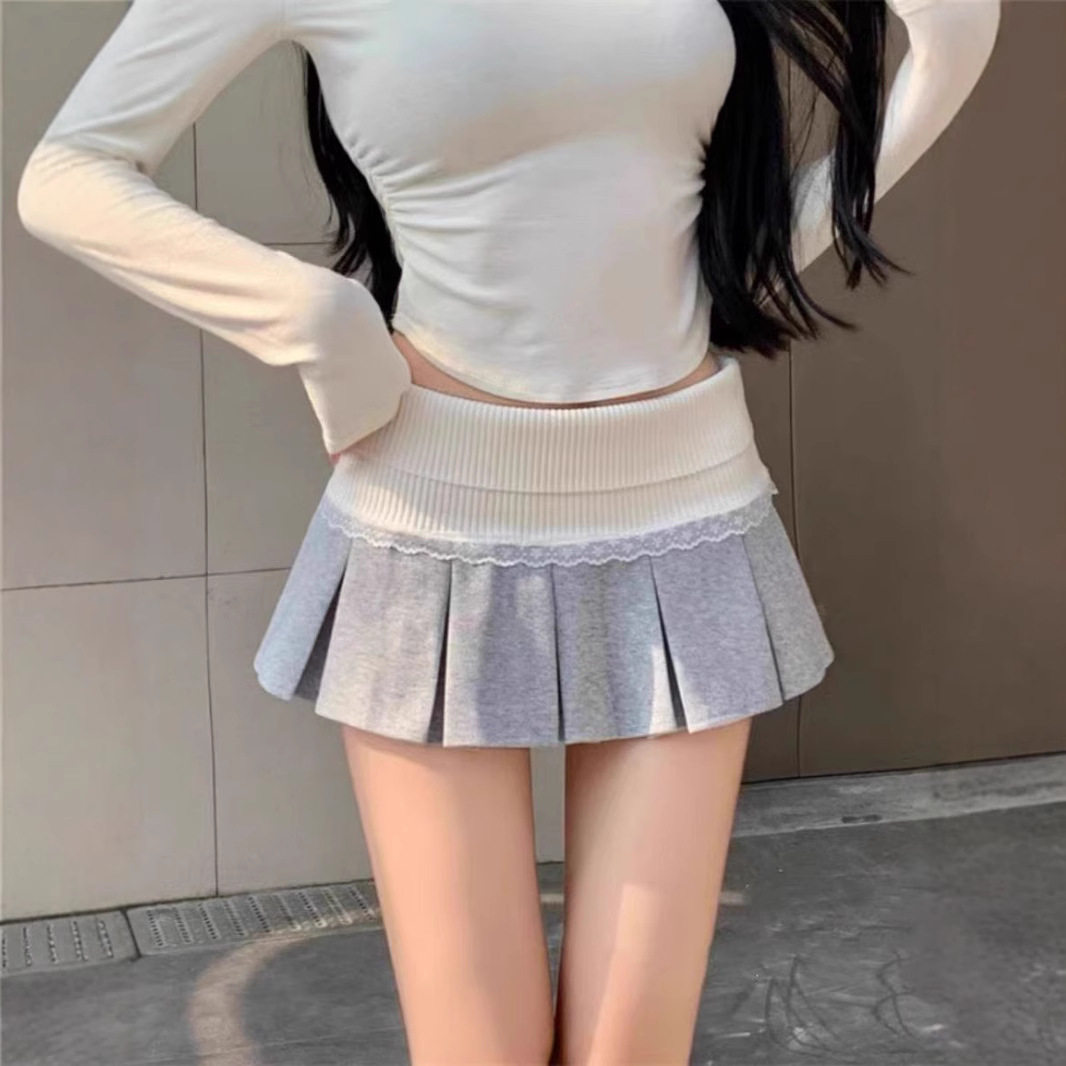 蕾丝花边拼接半身裙女2025夏季百褶裙辣妹撞色设计感高腰a字裙子