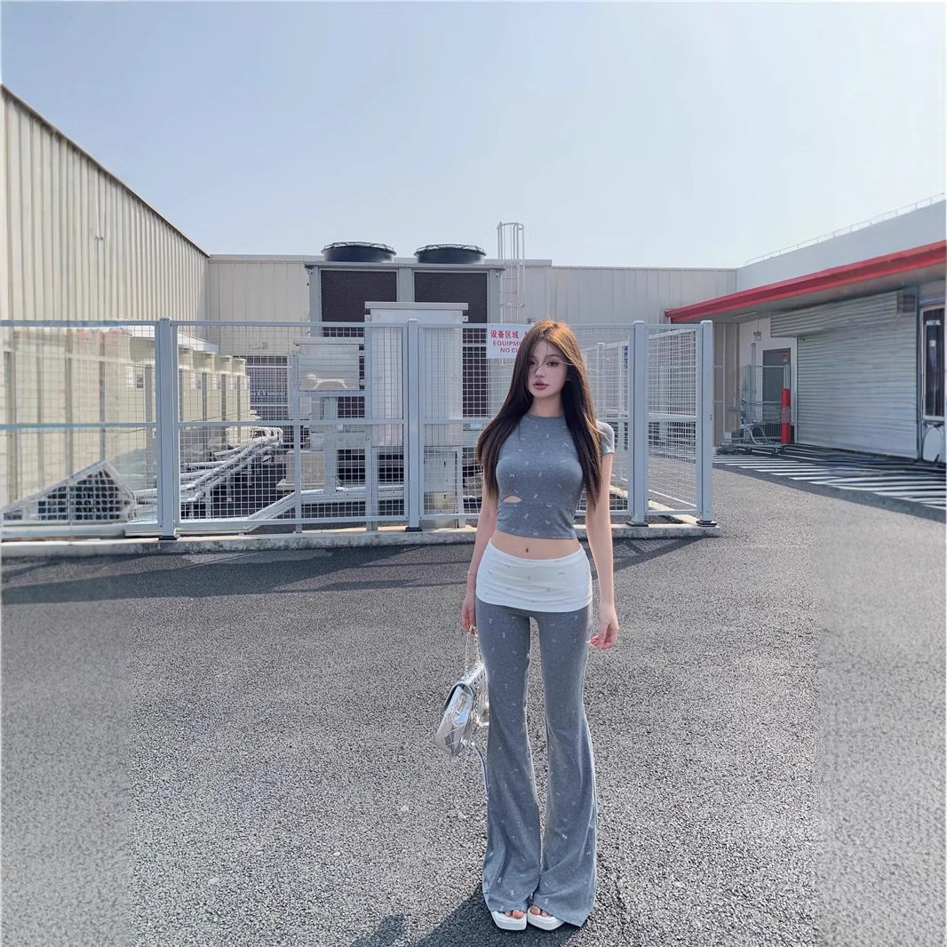 蝴蝶结镂空辣妹短袖T恤女夏季设计感套装撞色微喇叭休闲裤两件套
