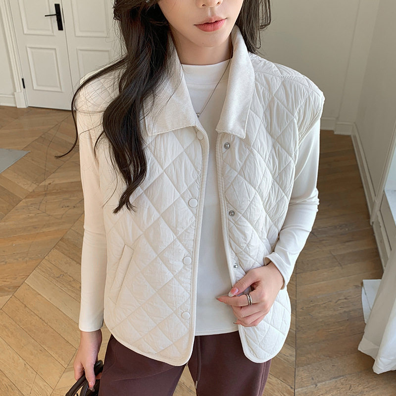 H552翻领马甲女士秋冬季夹绒马夹小香风菱格背心宽松保暖羊毛外套