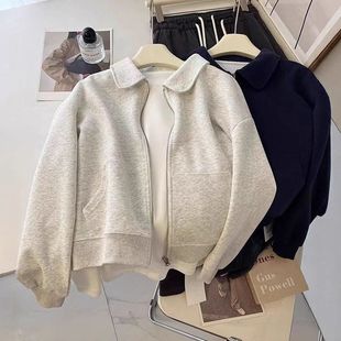 翻领复古双拉链卫衣女秋冬季加绒加厚开衫外套短款宽松上衣ins潮