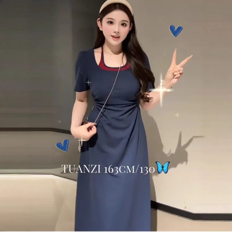 大码法式温柔风连衣裙女夏胖mm2-300斤收腰显瘦遮肚纯欲风长裙子