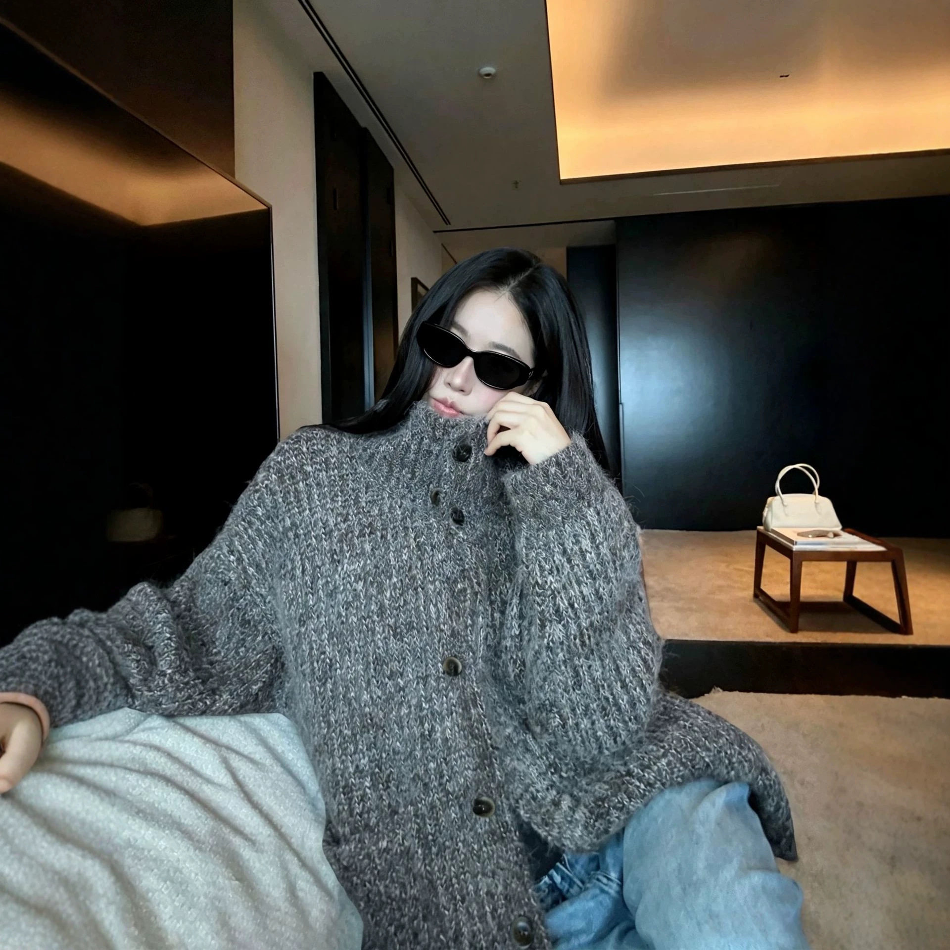 晨间拥抱慵懒松弛感花纱拉毛立领毛衣开衫外套女