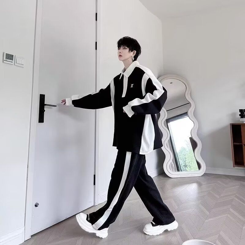 高级感黑白拼接撞色运动长袖套装