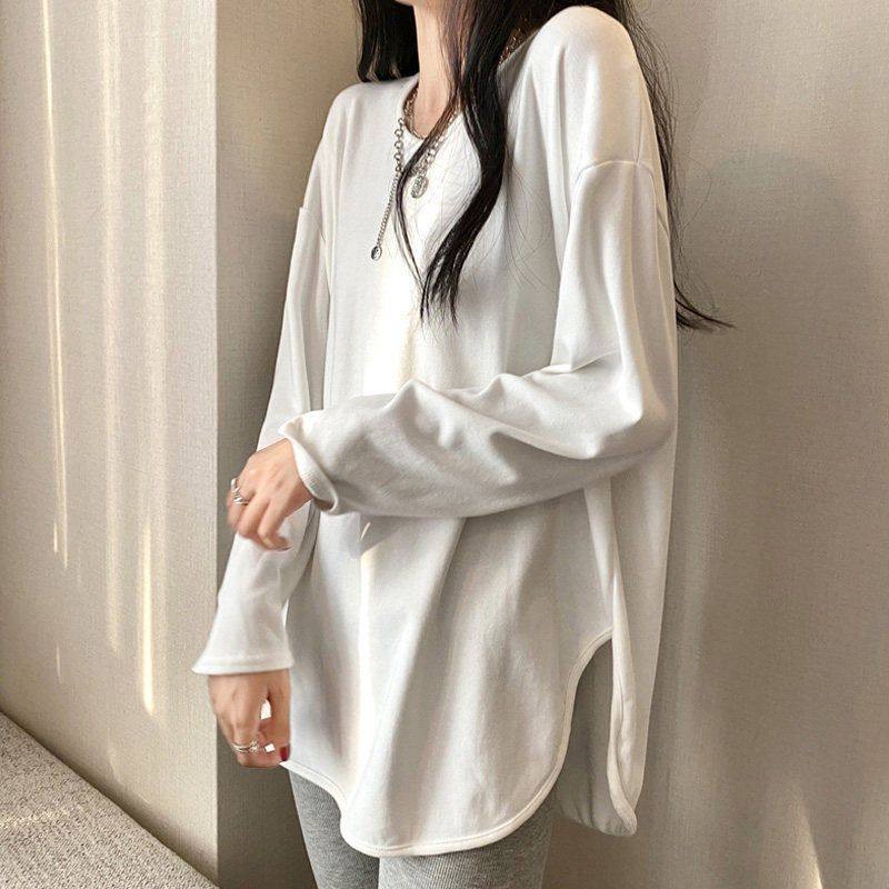 白色打底衫女秋冬季纯棉内搭设计感开叉V领长袖t恤宽松中长款上衣