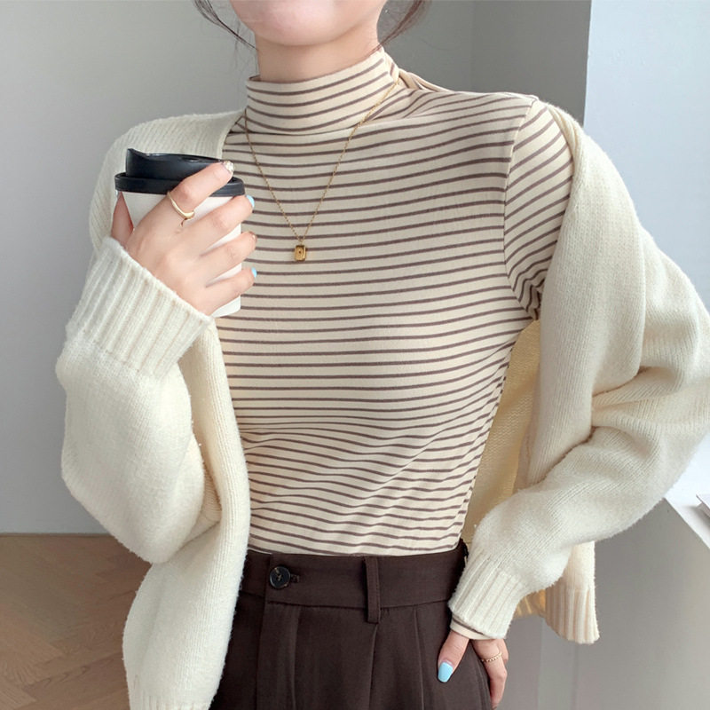 H246半高领条纹打底衫女装新款休闲韩版上衣细条纹长袖T恤女内搭