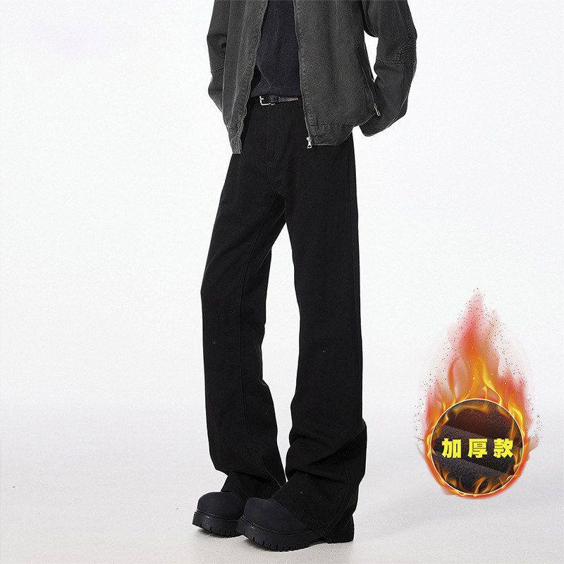 黑色软牛仔裤男款秋冬季加绒加厚直筒修身窄版裤子美式复古微喇裤