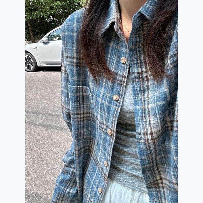 春秋季法式蓝色长袖早秋上衣衬衫爆款2024格子气质外套女设计感新