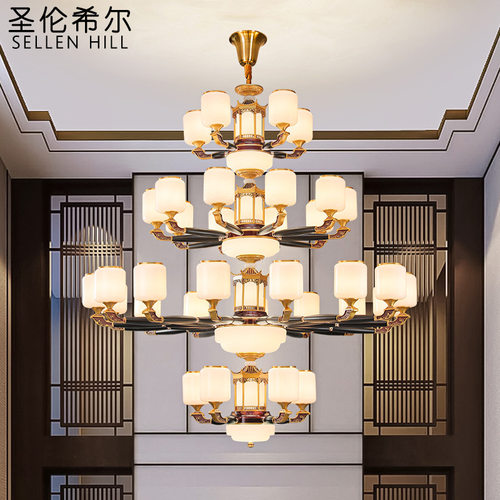 锌合金新中式吊灯led实木餐厅中国风屋檐卧室客厅复式别墅大吊灯