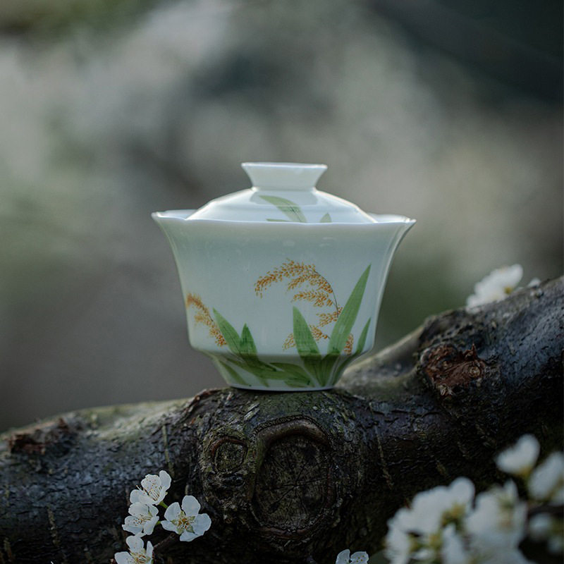 念云居盖碗釉下彩手绘麦穗带盖泡茶碗日式家用陶瓷花边泡茶杯茶具