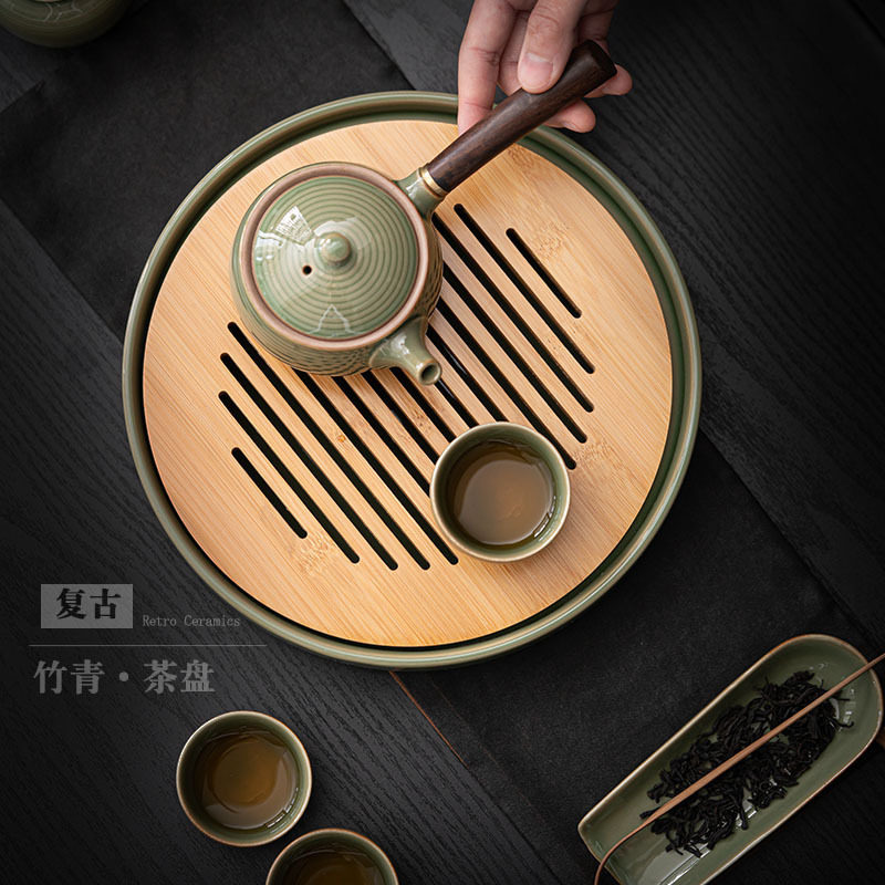 日式圆形茶盘陶瓷竹制储水式干泡盘办公室茶具简约小茶台托盘茶海