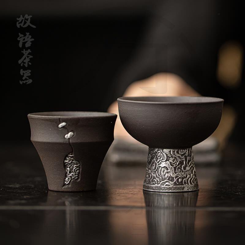 国潮新款泡杯茶杯茶杯诧寂风复岩泥功夫个人杯鎏银空寂古老主人斋