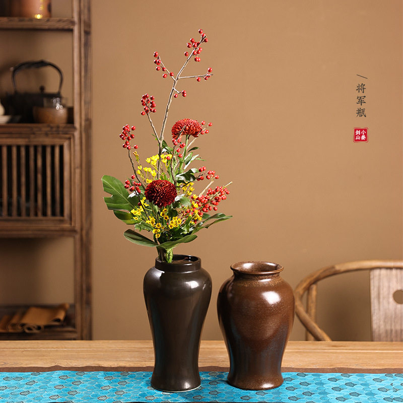 中华花艺中式花瓶陶瓷插花器皿简约摆件客厅装饰桌面将军瓶大口径