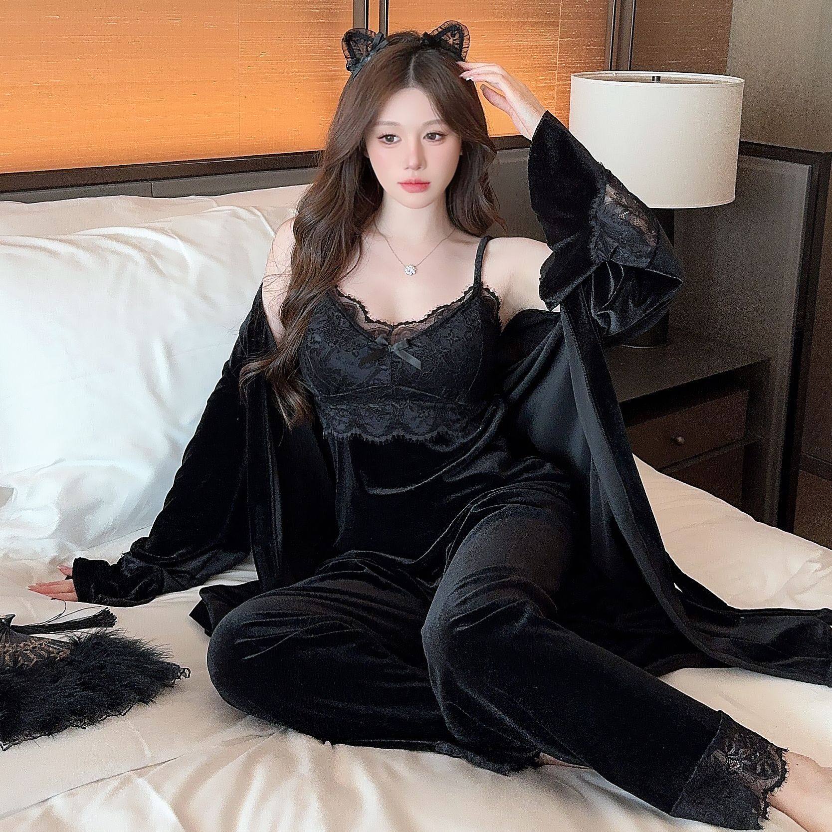 奢华性感睡衣女三件套秋冬季吊带长袖长裤V领蕾丝保暖家居服代发,女士内衣/男士内衣/家居服,睡裙,淘宝优惠券,粉丝福利购,淘宝优惠卷