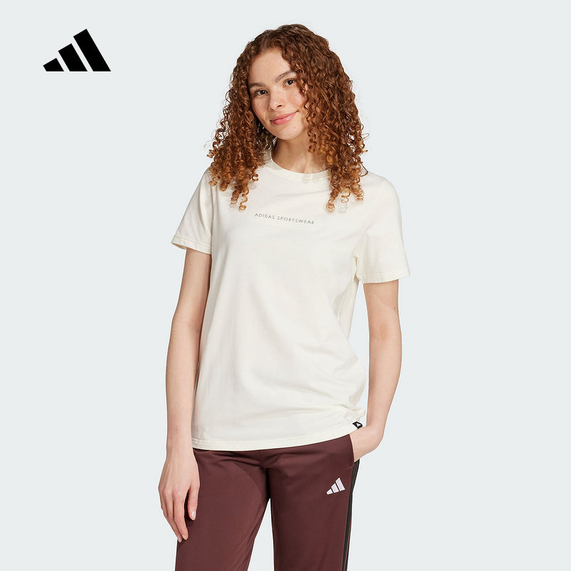 adidas阿迪达斯2025夏女运动休闲短袖舒适弹力圆领T恤印花JX5322