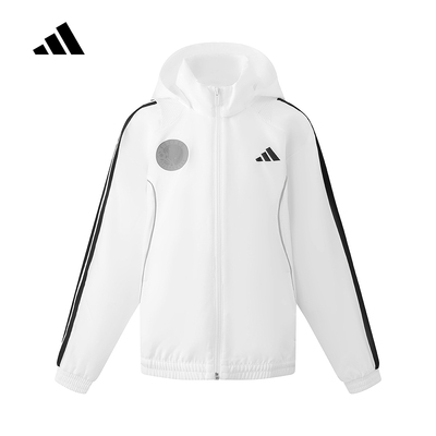 adidas阿迪达斯秋季新款男大童装梭织夹克连帽外套白色薄款KC2542