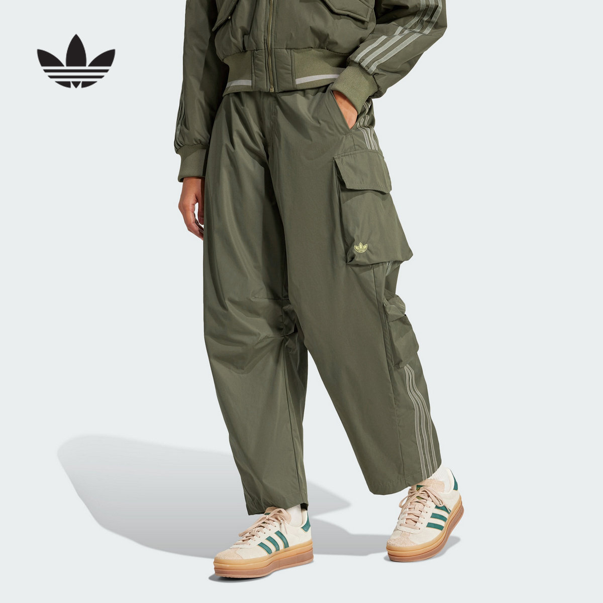 阿迪达斯2025春女梭织长裤街头漫游系列多口袋工装运动裤 JI5728