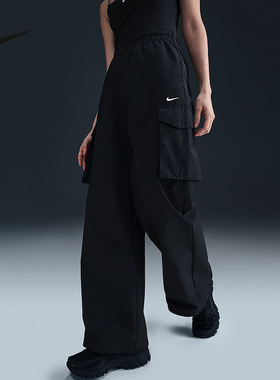 Nike耐克女裤春秋季新款大口袋时尚宽松抽绳黑色工装长裤HM6977