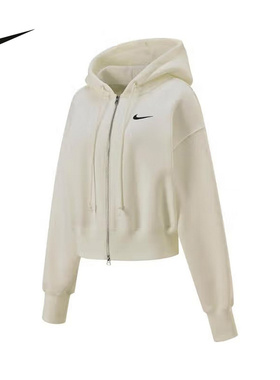 Nike耐克女子宽松短款全长拉链开襟卫衣加绒连帽衫白色HJ0941-133