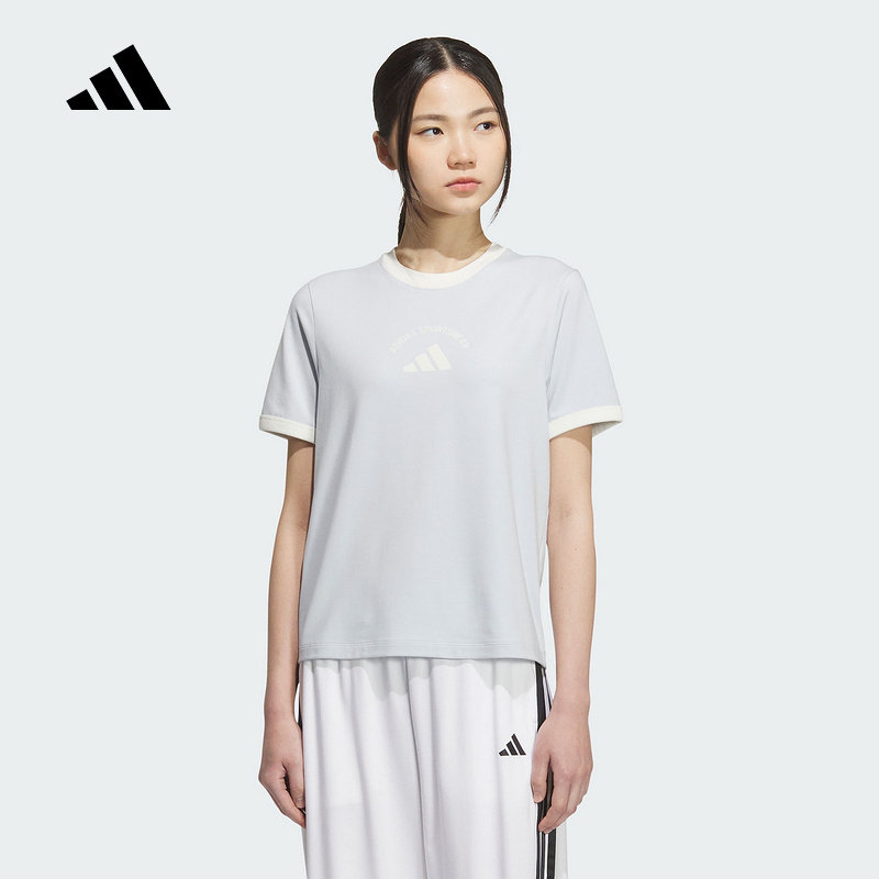 adidas阿迪达斯2025夏女运动休闲棉质针织短袖T恤圆领宽松KC0060