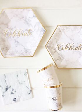 新款派对一次性纸盘白色烫金大理石partyPaper plate聚会生日餐盘