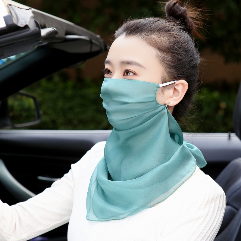 100%桑蚕丝口罩面纱防晒面罩围巾一体骑车双层薄款透气Z新款护颈
