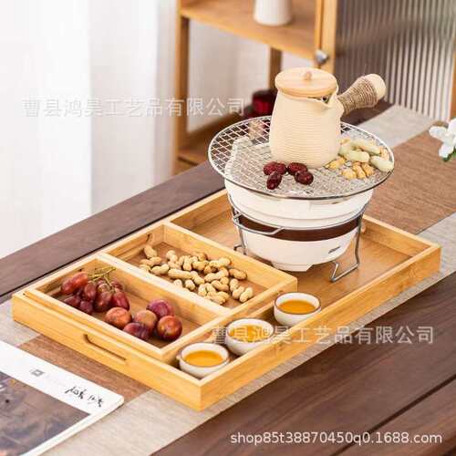 简约竹木方形托盘手提式家用餐盘围炉煮茶干果盘餐厅茶水上菜托盘