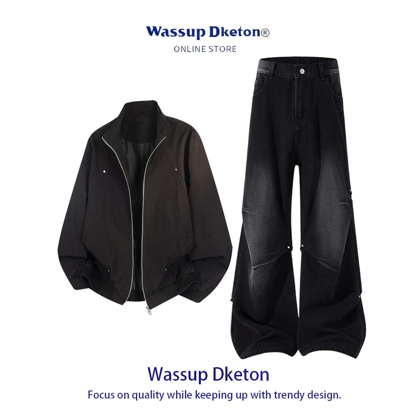WASSUP DKETON翻领夹克男秋冬季宽松外套潮流两件套装时尚牛仔裤