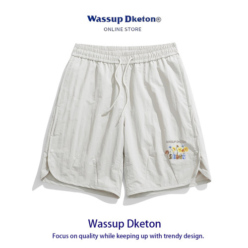 WASSUPDKETON宽松冰丝速干印花运动短裤男潮牌直筒休闲五分沙滩裤