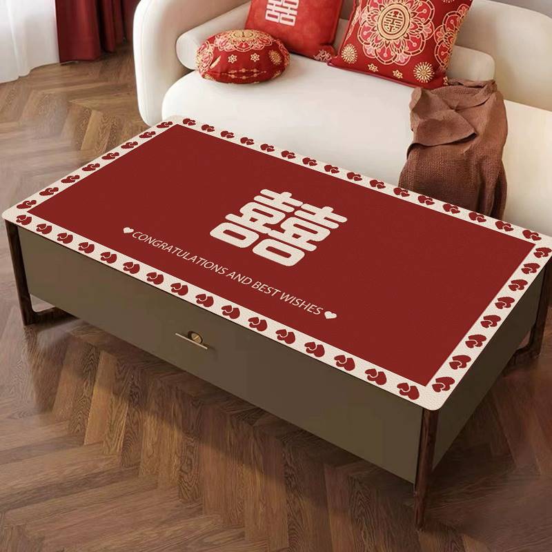 结婚客厅茶几布置红色桌垫喜字皮革防油防水免洗长方形婚房桌布氛