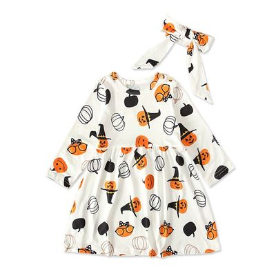 儿童欧美春秋季款潮范女童万圣节南瓜图案长袖连衣裙子套装 ins