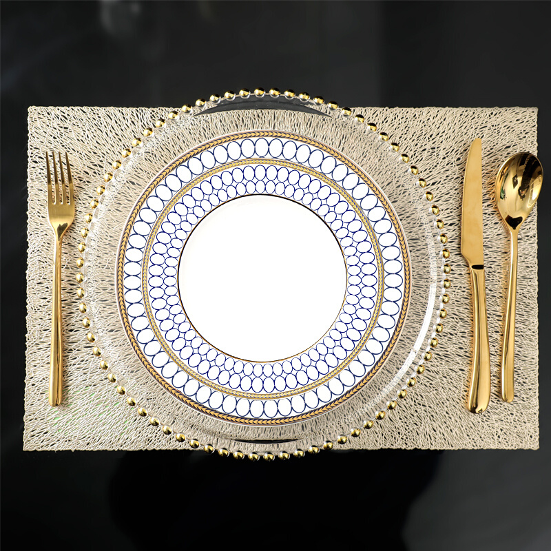 。欧式西餐盘金边珠点玻璃盘牛排盘北欧蓝色餐具套装宴会摆盘样板
