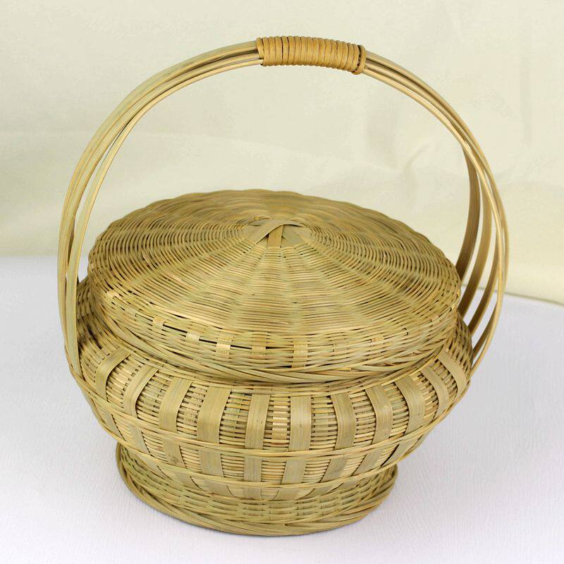 提篮竹编圆形篮带复古17719711手结喜庆竹婚篮子提蔬盖菜篮编织水