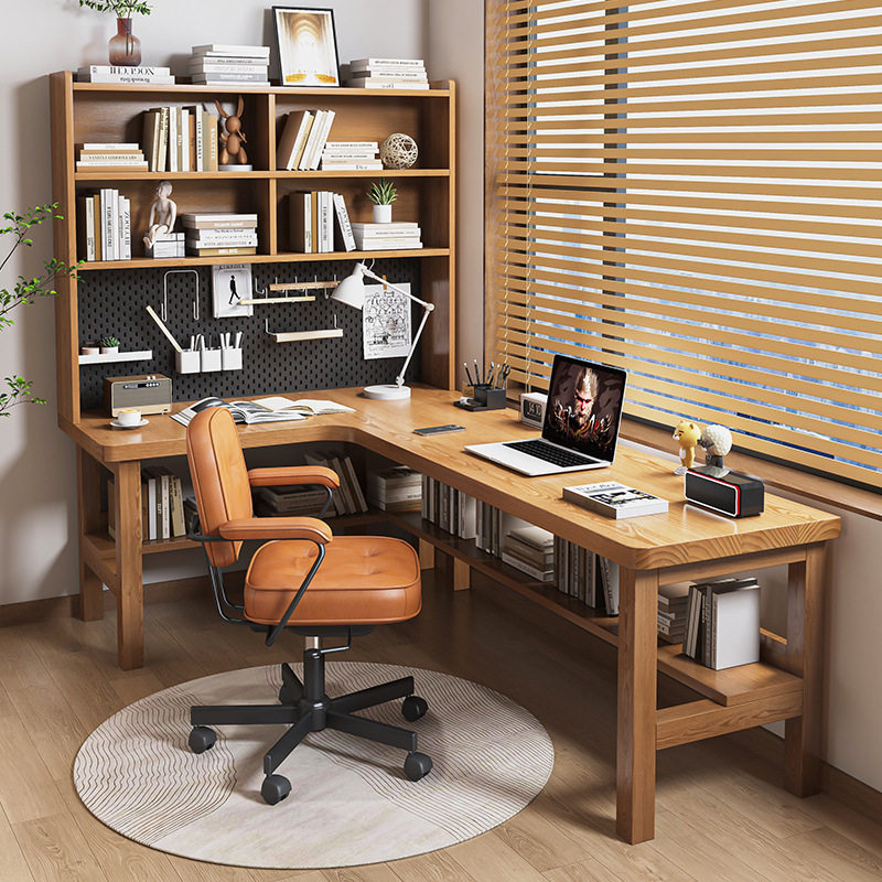 实木转角电脑桌书桌书架一体书柜置物架办公桌家用洞洞板收纳书桌