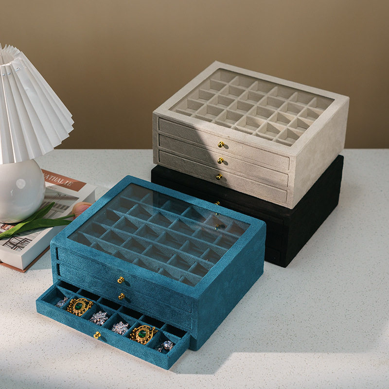 绒布多层珠宝箱美甲饰品展示盒带玻璃盖子珠宝小收纳盒钻盒首饰盒
