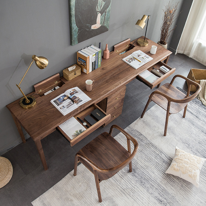 北美黑胡桃木樱桃木实木双人书桌 现代简约加长连体写字台电脑桌