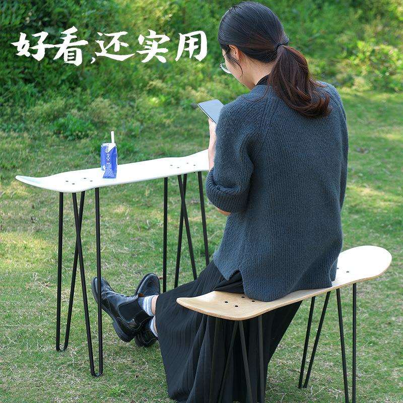 滑板凳子创艺实木滑板架DIY滑板椅子自装原木双翘滑板凳铁艺造型