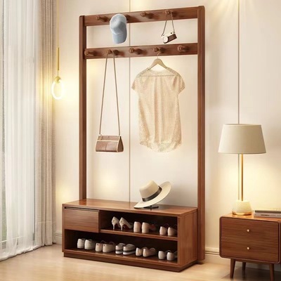 立式实木衣帽架落地挂衣架鞋柜换鞋凳一体入户门玄关可坐衣帽柜