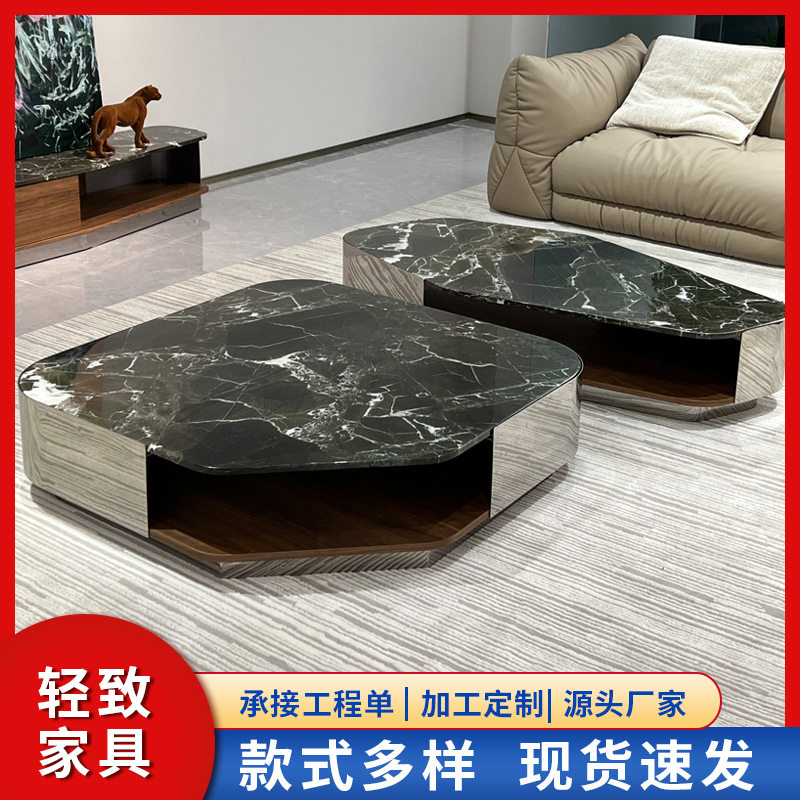 高端带抽屉茶几现代茶几客厅家用小户型异形大理石五金架子桌子