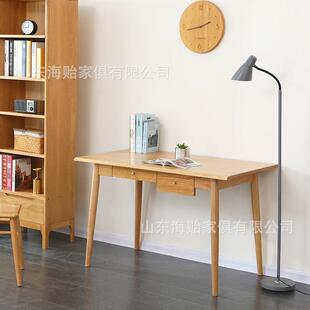 实木书桌原木学生家用卧室双抽三抽写字桌北欧胡桃色办公桌电脑桌