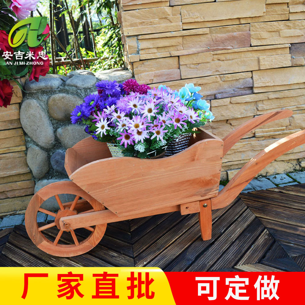 安吉厂家可移动园艺小花车防腐实木花车户外碳化小推车花车批发