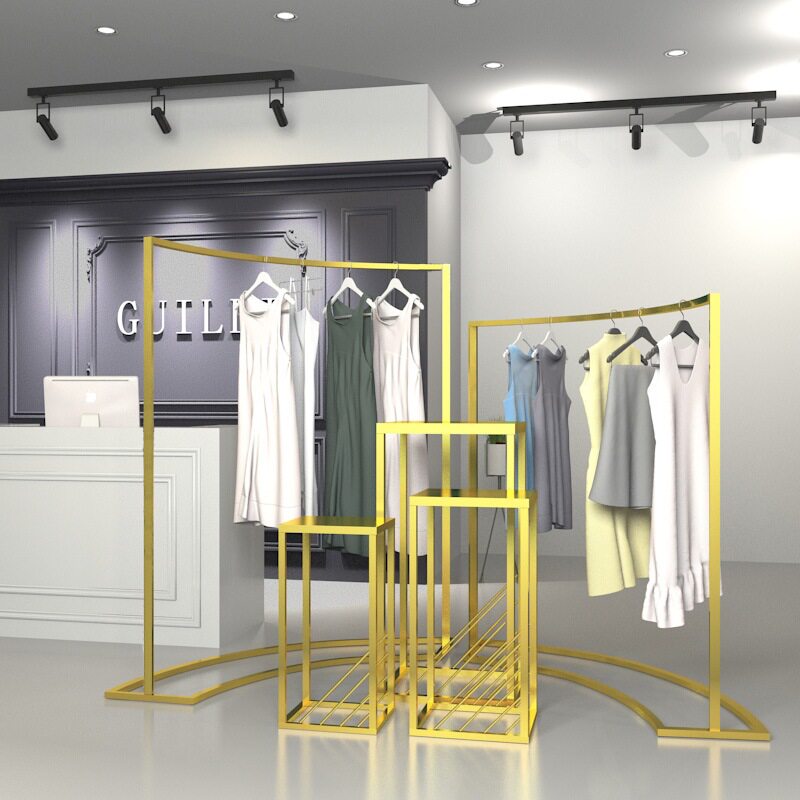 简约服装店中岛展示架落地式弧形半圆形挂衣高低组合架流水摆台