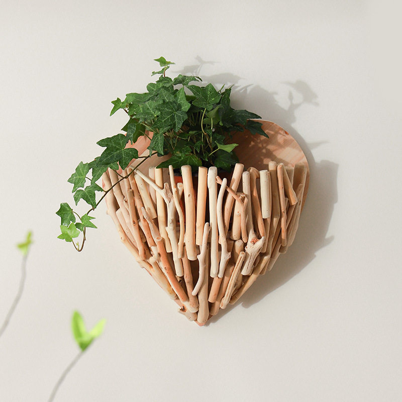 简约日式心形原木花瓶壁挂装饰复古花器插花创意客厅餐厅墙面壁饰
