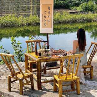 户外庭院竹桌椅组合休闲茶桌椅子围炉煮茶市井风格火锅桌椅八仙桌