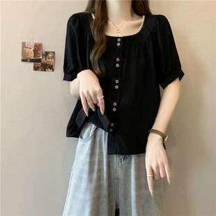 女夏季 衬衫 胖mm宽松显瘦遮肚子减龄上衣 甜美蕾丝拼接正肩短袖 大码