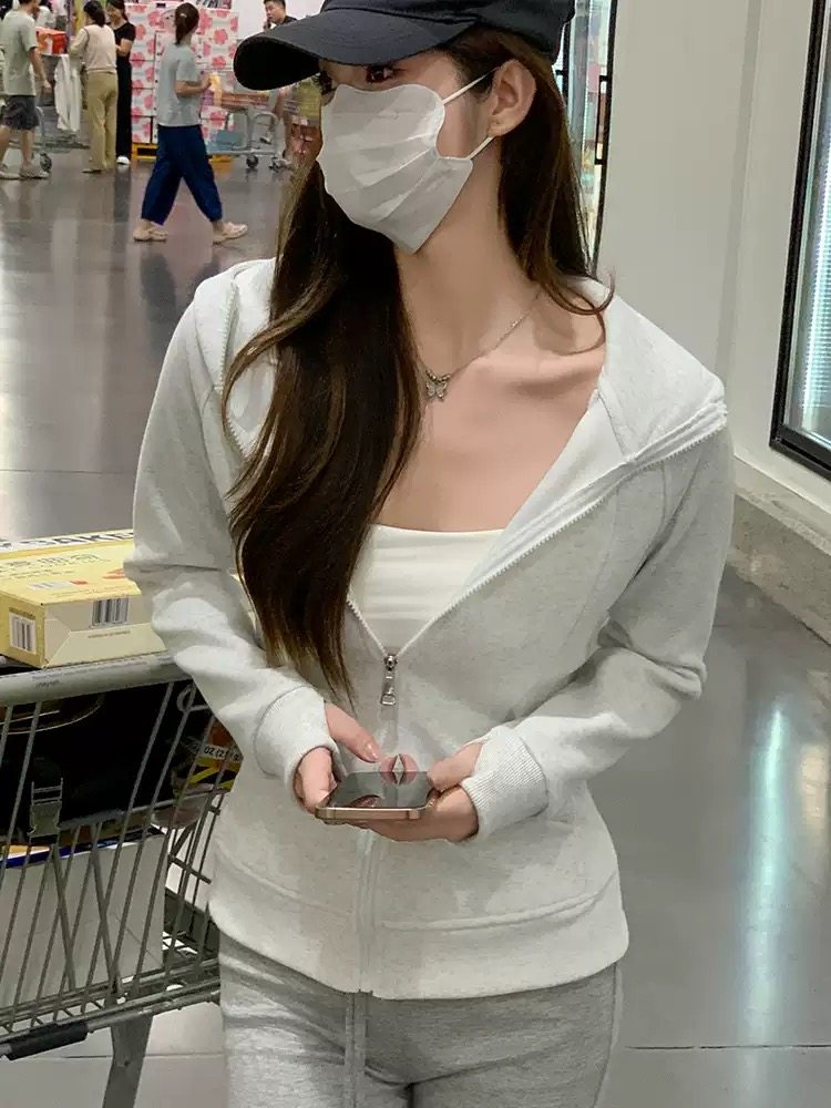 修身卫衣外套女秋冬灰色冬季加绒连帽穿搭短款紧身上衣