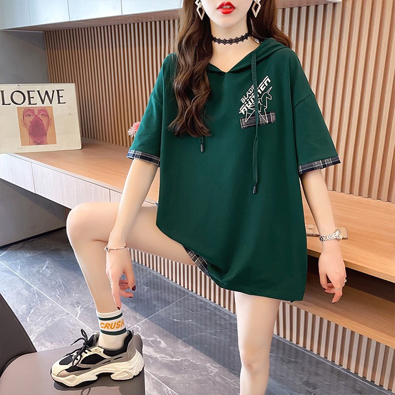 2023夏季韩版新款假两件格子拼接中长款连帽短袖t恤女ins大码女装