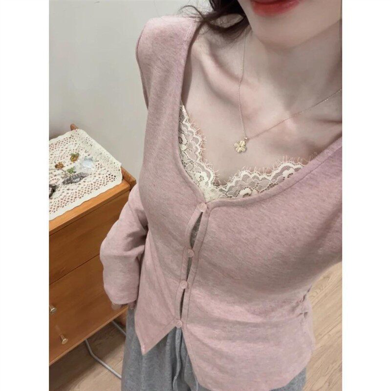 纯棉韩系纯欲风蕾丝拼接假两件v领长袖t恤女2025春季新款百搭上衣