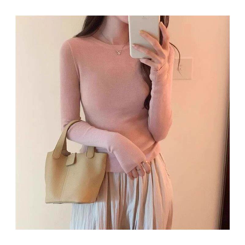 显瘦正肩圆领针织打底衫女秋季修身紧身毛衣内搭长袖t恤黑色上衣